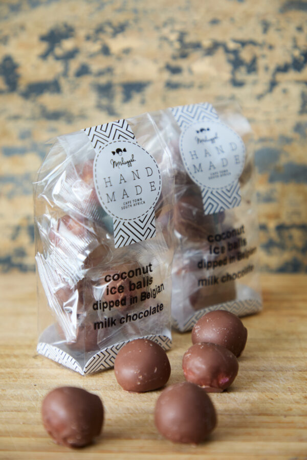 Coconut Ice Balls enrobed in Belgian (Callebaut) Milk Chocolate 100g