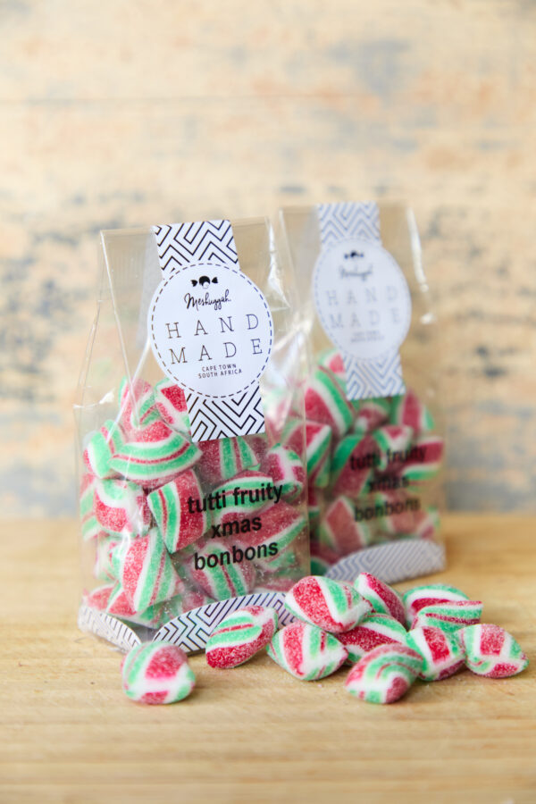 Christmas Bonbons in Red, Green & White Stripes: Tutti Fruity Flavour (100g packet) OUT OF STOCK