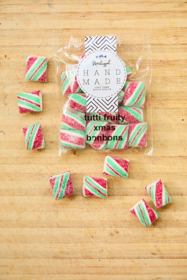 Christmas Bonbons in Red, Green & White Stripes: Tutti Frutti Flavour (in a little 50g packet) OUT OF STOCK