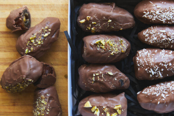 Medjool Dates (large) with Pistachios enrobed in Belgian Milk Chocolate (Callebaut) - each individually wrapped in a 125g packet - Image 3