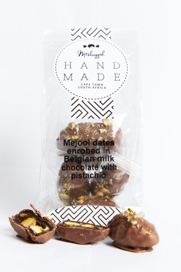 Medjool Dates (large) with Pistachios enrobed in Belgian Milk Chocolate (Callebaut) - each individually wrapped in a 125g packet
