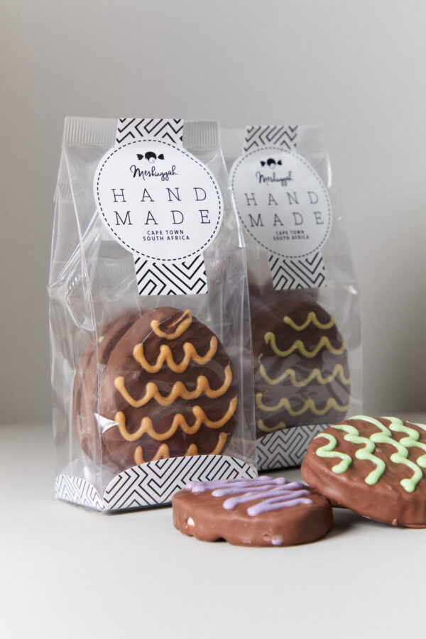 Marshmallow Easter eggs enrobed in Belgian Milk Chocolate & decorated by hand - packet 125g - 130g: ORDERS HAVE CLOSED