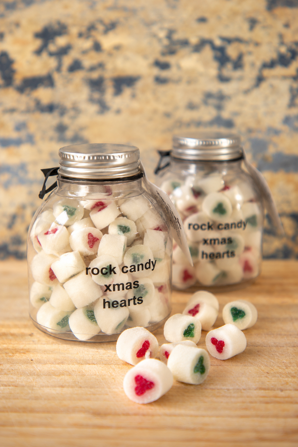 Christmas Rock Candy Hearts (Red & Green) in a Gift Bottle 150g